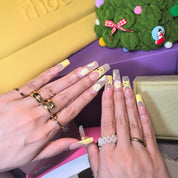 Southern Belle French floral press-on nails – bright yellow tips with 3D flowers and pearls, 25–30mm elegant style