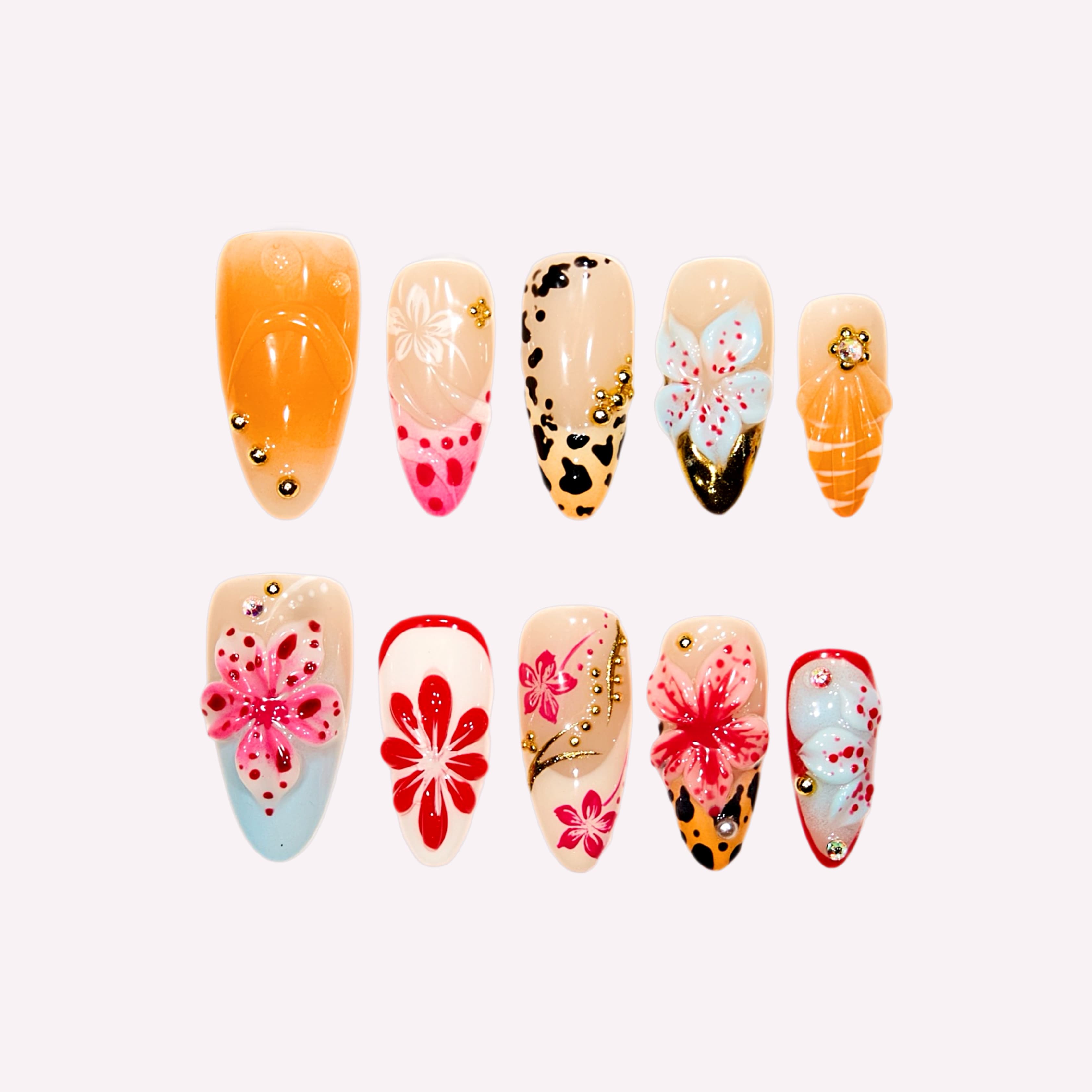 Spring Color handmade almond press-on nails – 3D floral and leopard print nail art with gem accents in orange, pink and nude