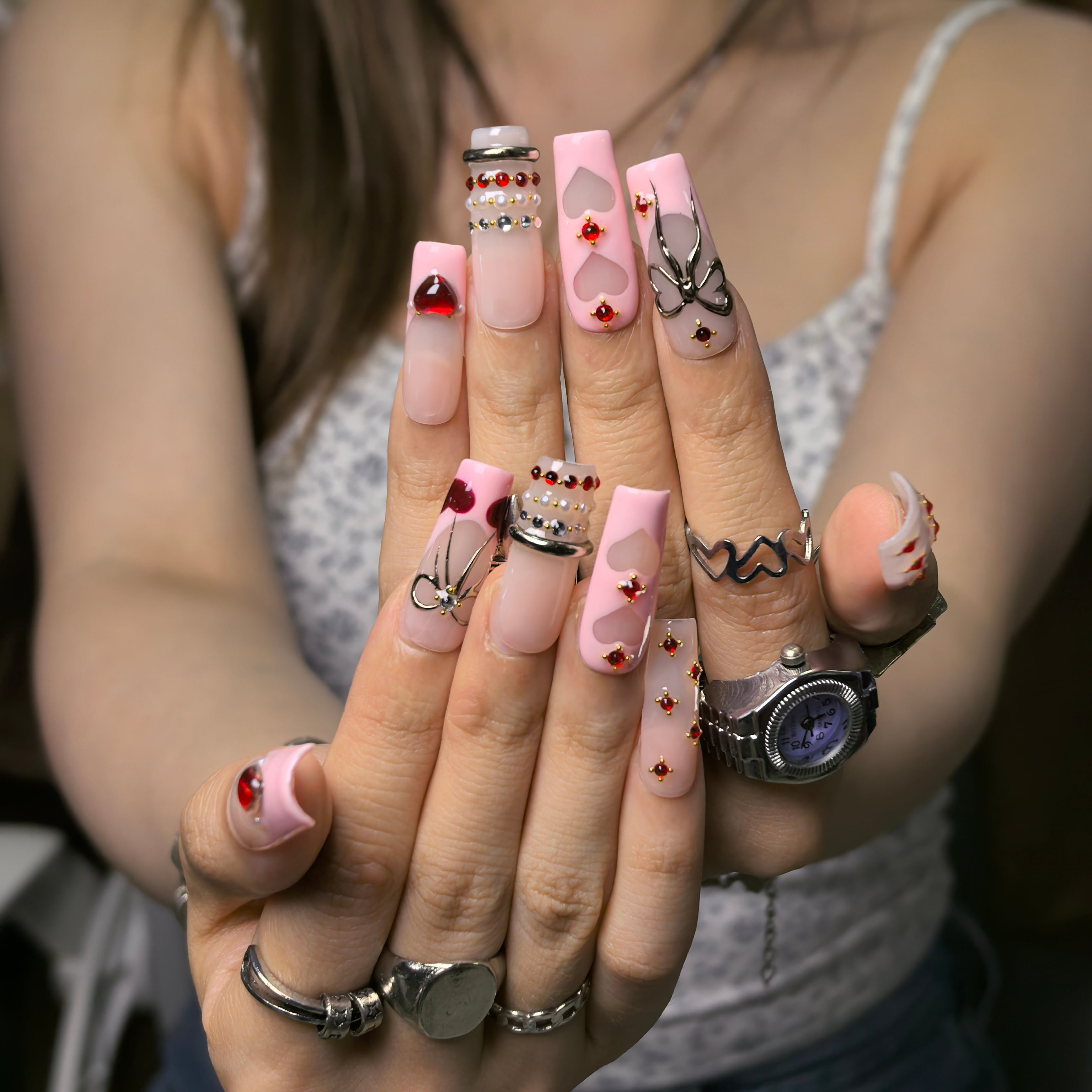 Strawberry Cream fruity press-on nails – high-shine glossy finish with 3D strawberry and cream nail art details