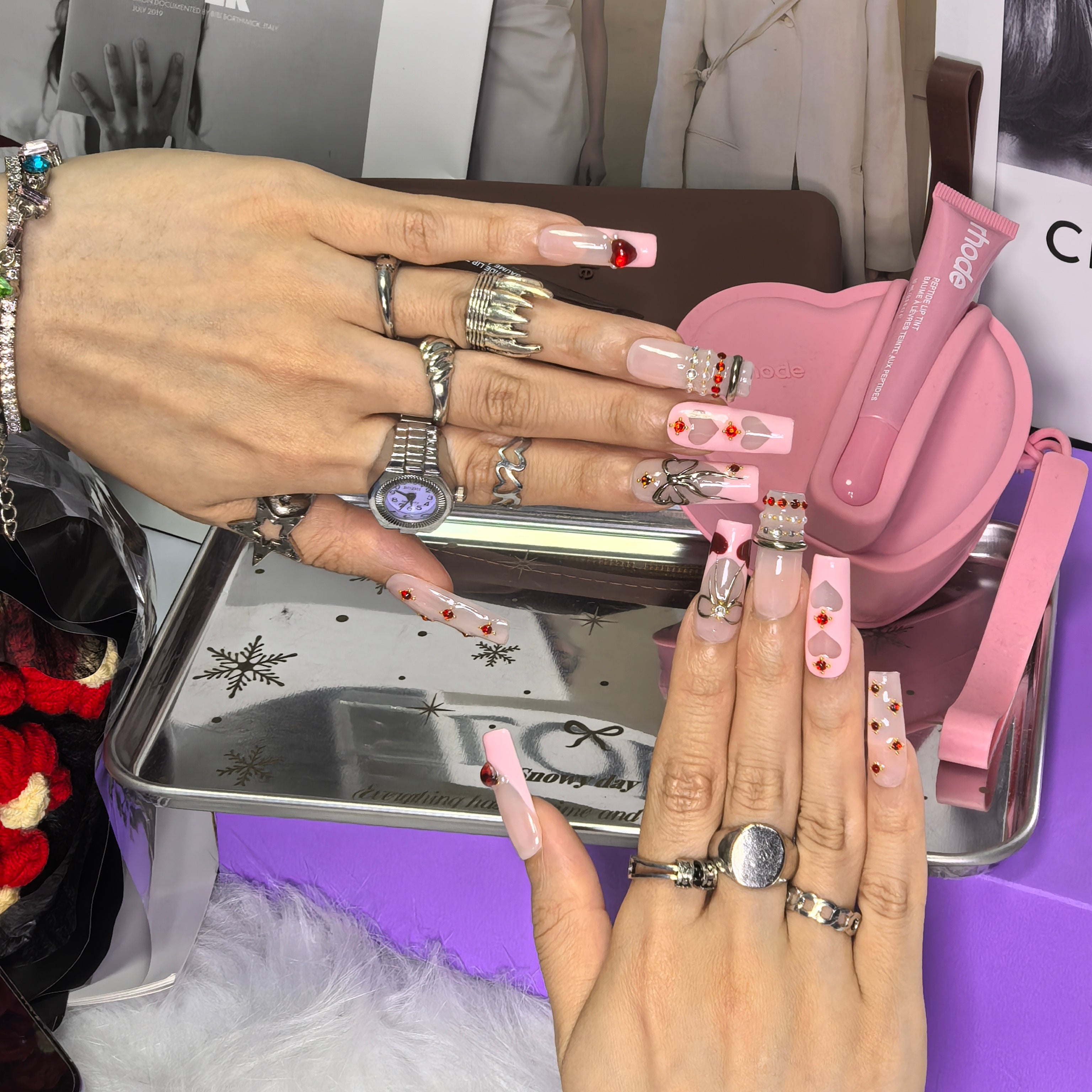 Strawberry Cream reusable PMMA coffin press-on nails – sweet coquette strawberry nail art for summer outings and gifting