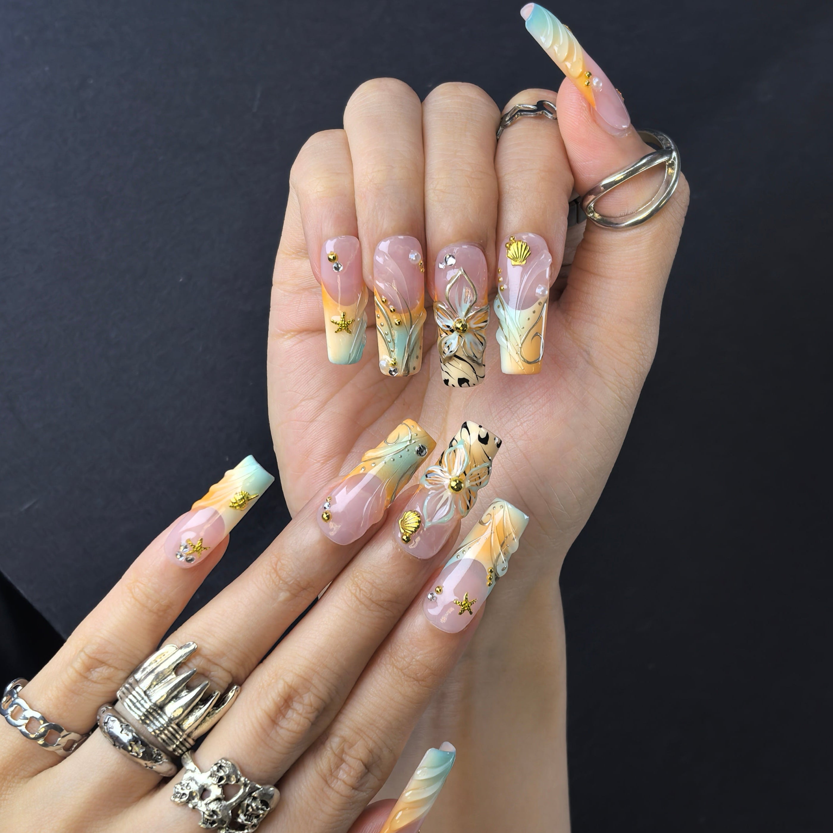 Summer Bay 30mm coffin press-on nails — reusable handmade nail art press-ons with sunny summer design