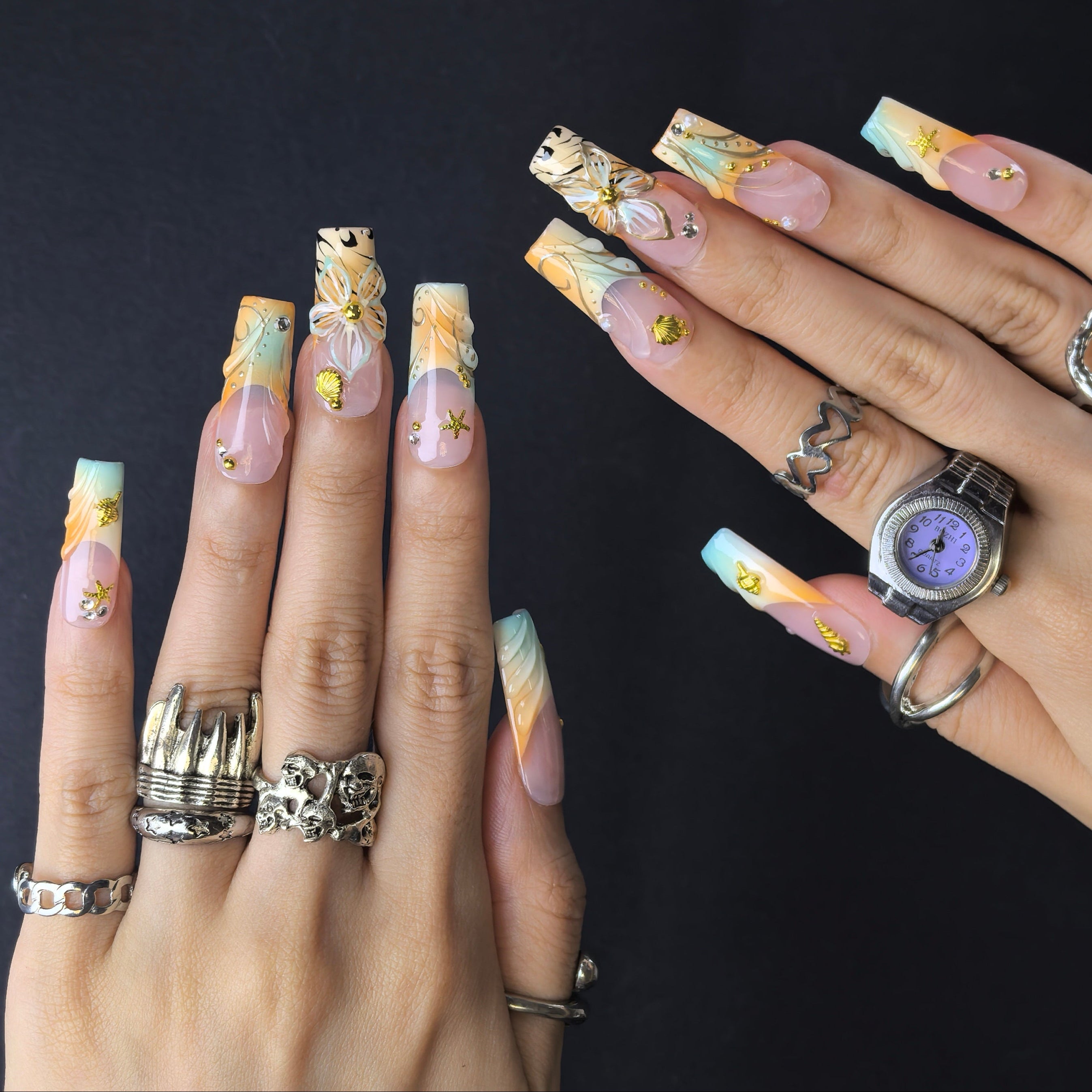 Summer Bay 30mm stiletto press-on nails — hand-painted summer luxury fake nails for women