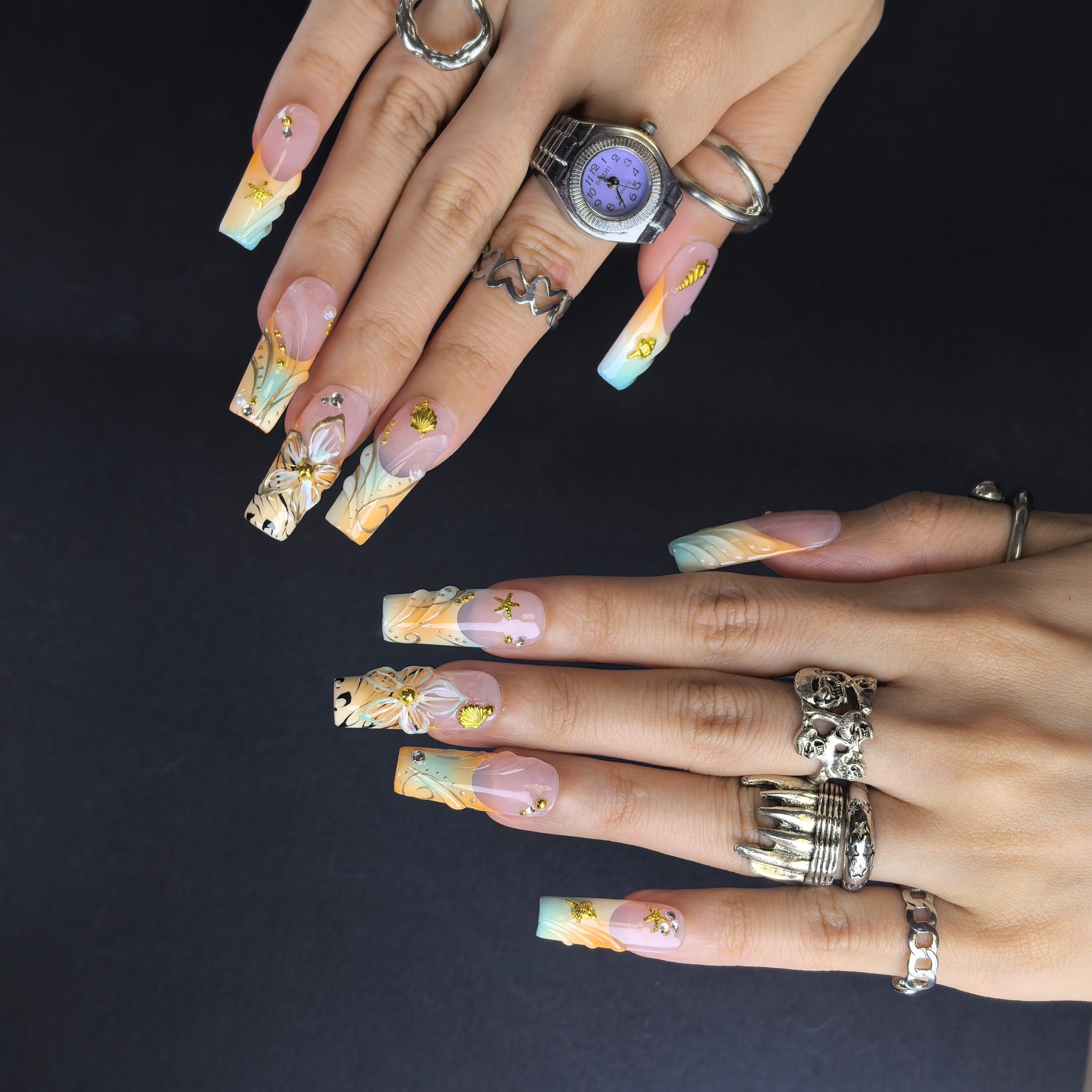 Summer Bay 30mm stiletto press-on nails — hand-painted summer luxury fake nails for women