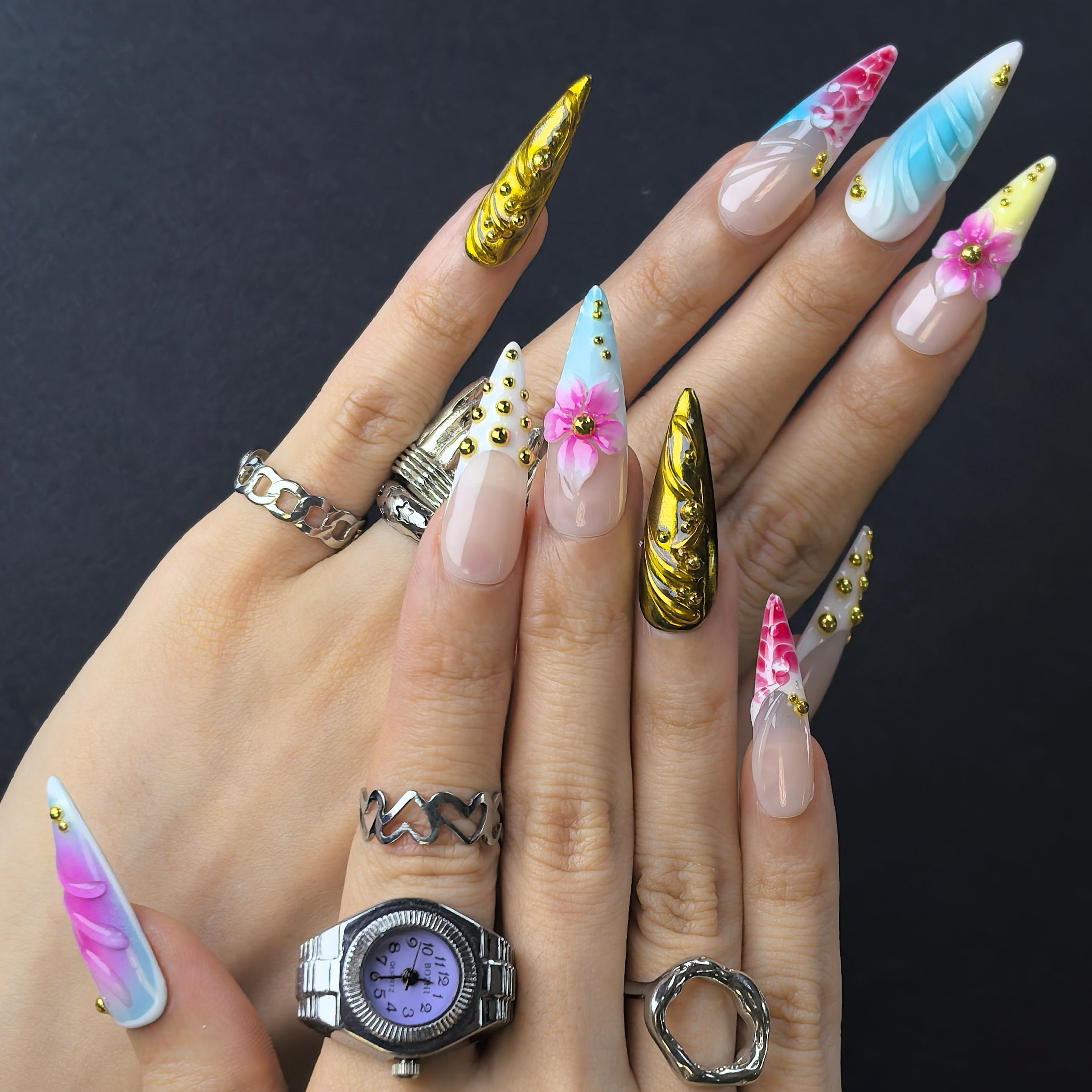 Sunset Lagoon 30mm stiletto press-on nails — hand-painted sunset gradient luxury fake nails for women