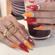 Tropical Pop reusable PMMA stiletto press-on nails – bold neon tropical fruit nail art for summer parties and festivals