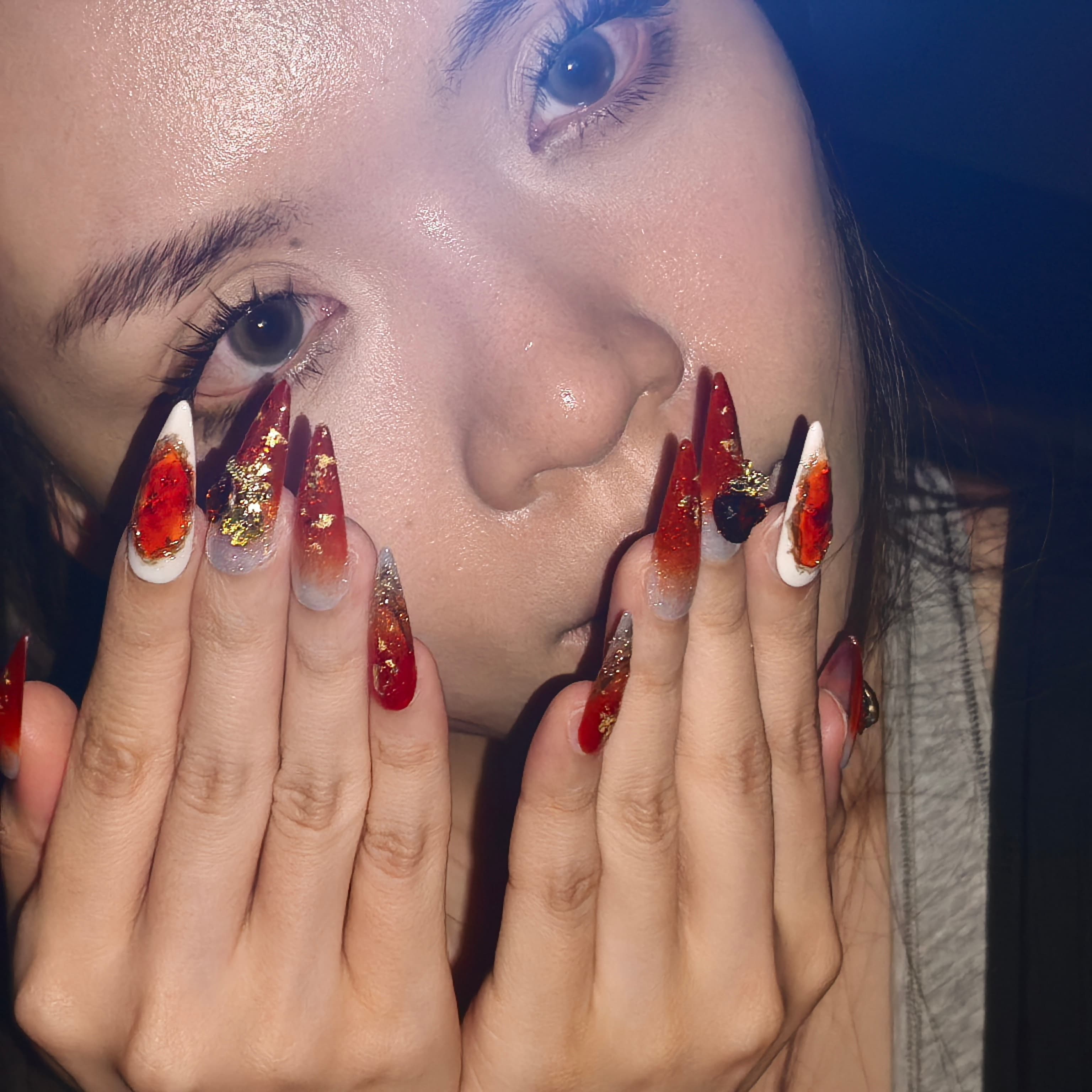 Twilight Ember 30mm coffin press-on nails — reusable handmade ruby red gold gradient citrine gem foil molten lava nail art press-ons