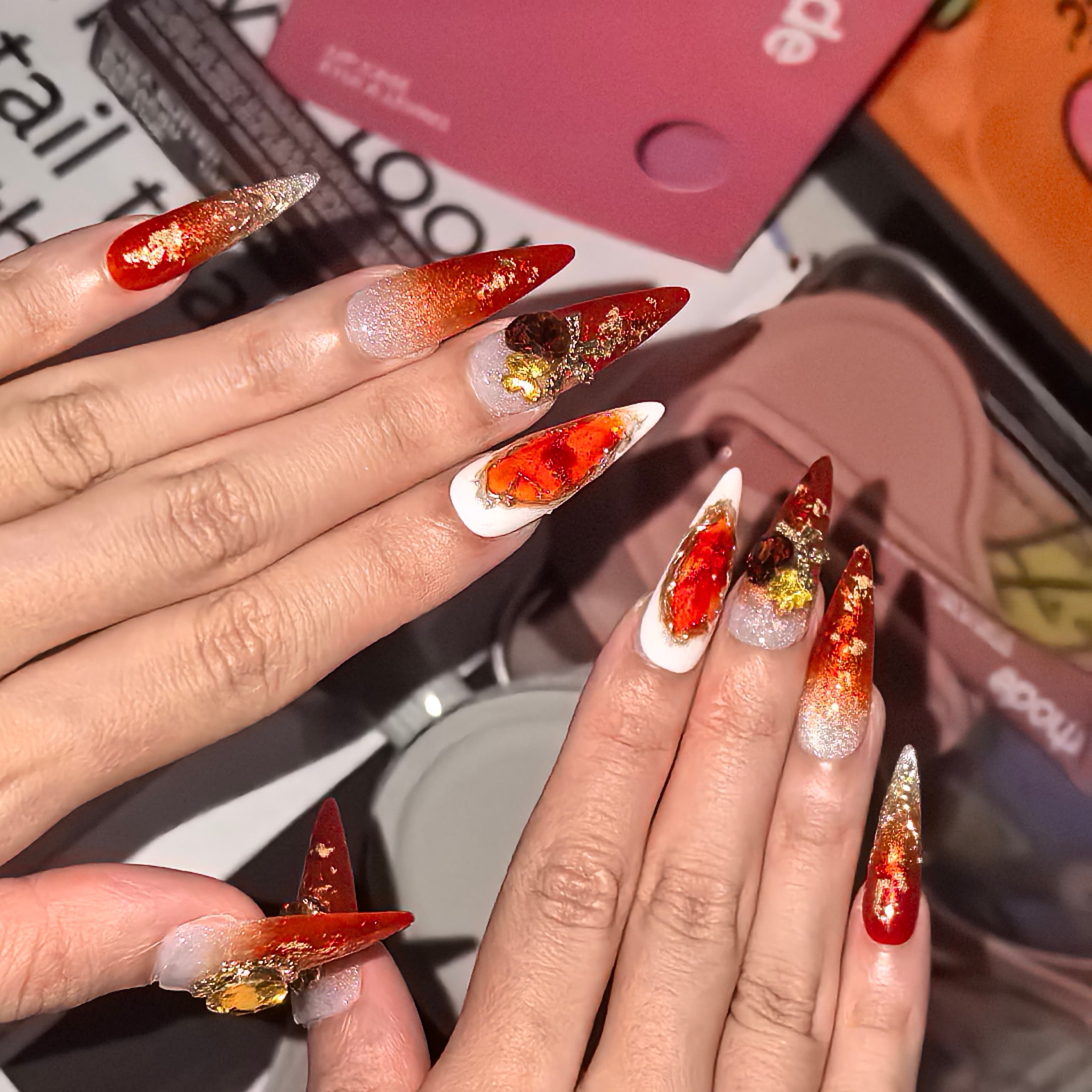 Twilight Ember 30mm stiletto press-on nails — hand-painted ruby red gold gradient citrine gem gold foil luxury fake nails for women