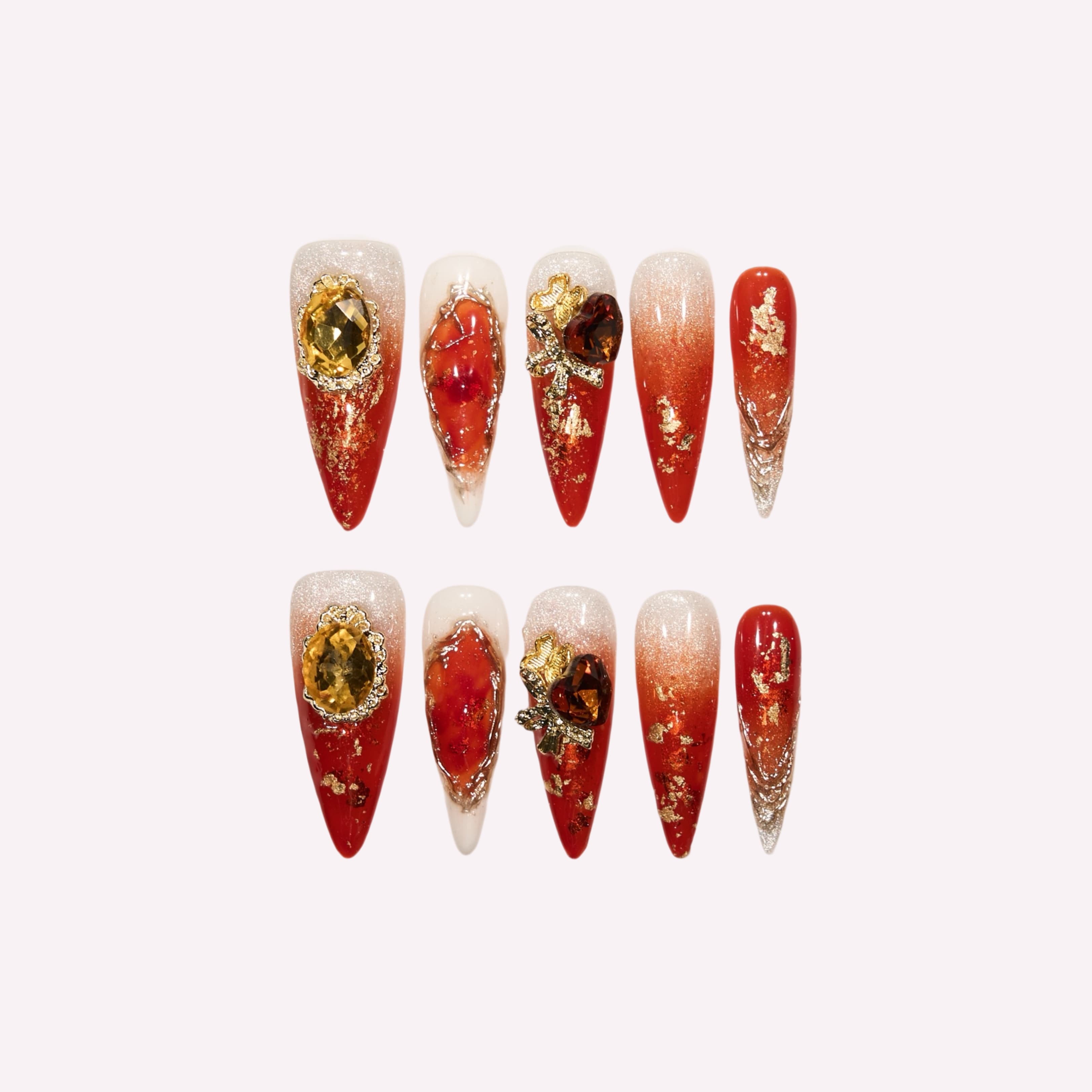 Twilight Ember handmade press-on nails — ruby red gold gradient citrine gem gold foil molten lava nail art set in coffin and stiletto shapes by Poorguyshop