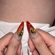 Twilight Ember press-on nail set — handmade ruby red gold oriental luxury nails with nail glue and prep pad, multiple sizes included
