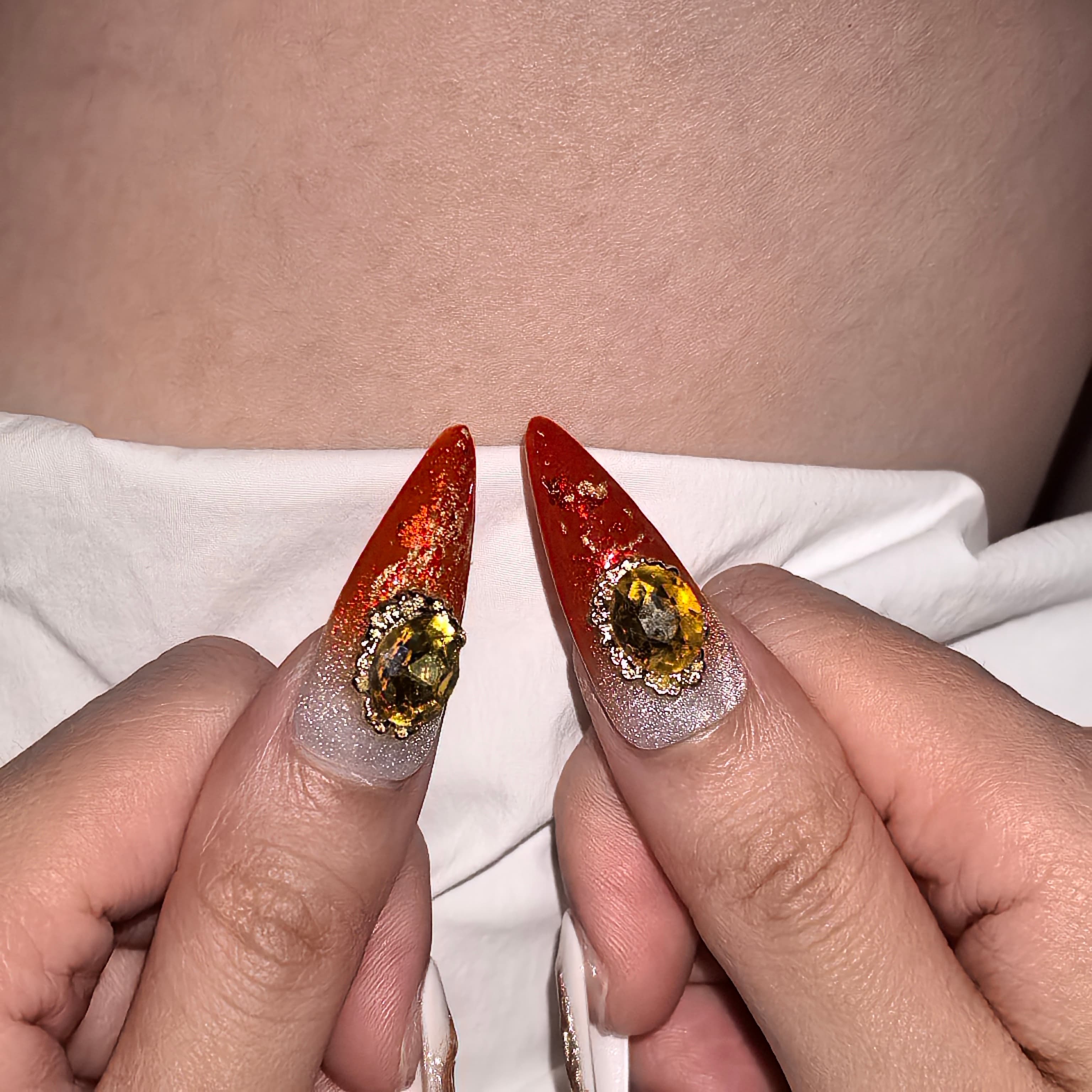 Twilight Ember press-on nail set — handmade ruby red gold oriental luxury nails with nail glue and prep pad, multiple sizes included