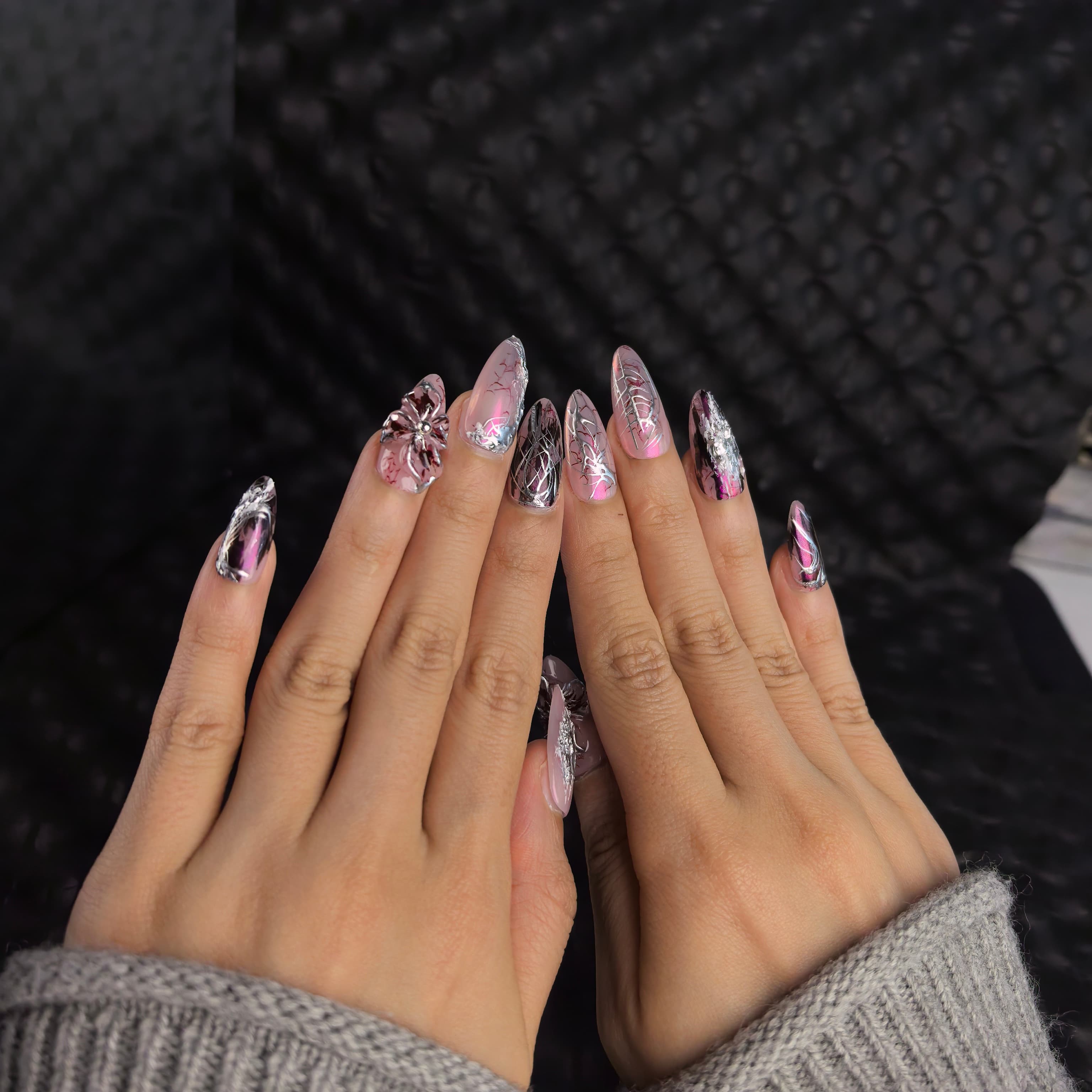 Twilight Twist 20-30mm almond press-on nails — hand-painted blush pink silver chrome wine crackle 3D floral luxury fake nails for women