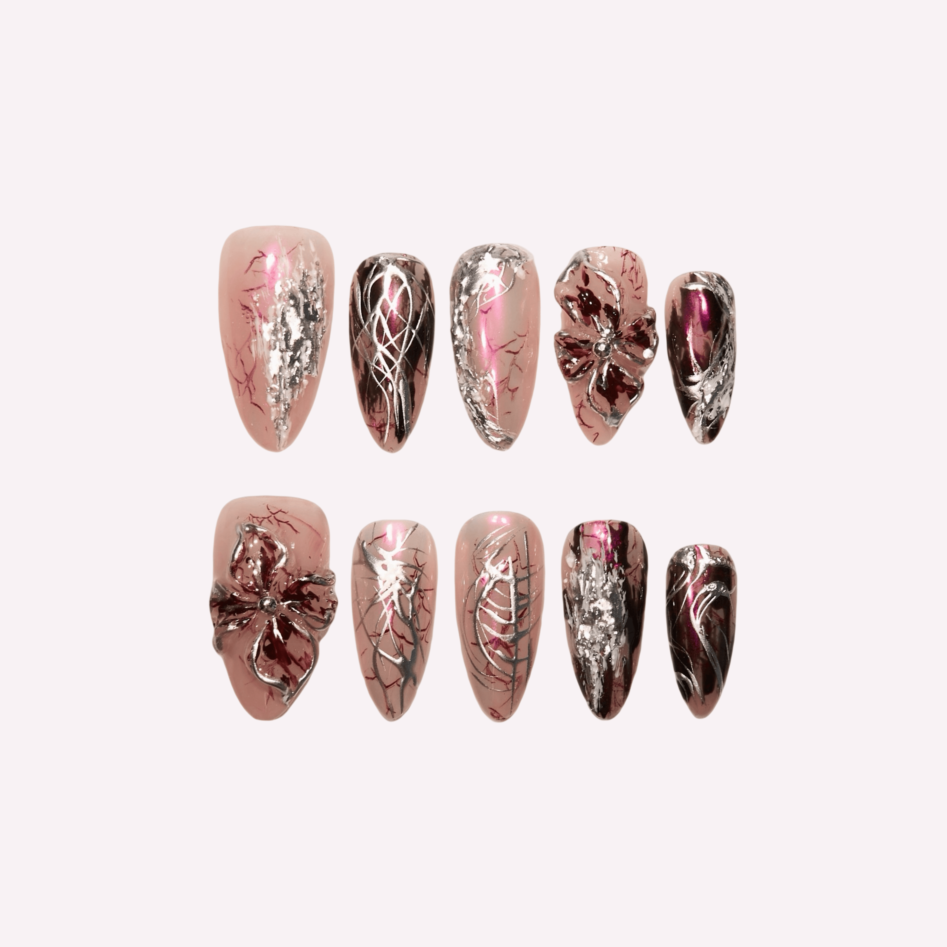 Twilight Twist handmade press-on nails — blush pink silver chrome wine crackle 3D metallic floral nail art almond set by Poorguyshop