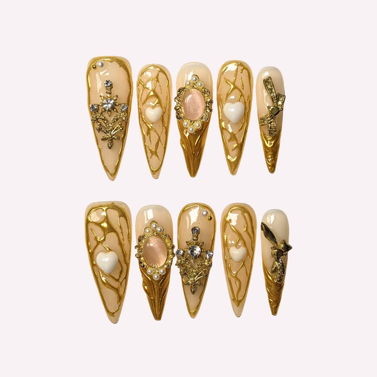 Venus handmade press-on nails — blush pink rose gold floral pearl nail art set in coffin and stiletto shapes by Poorguyshop