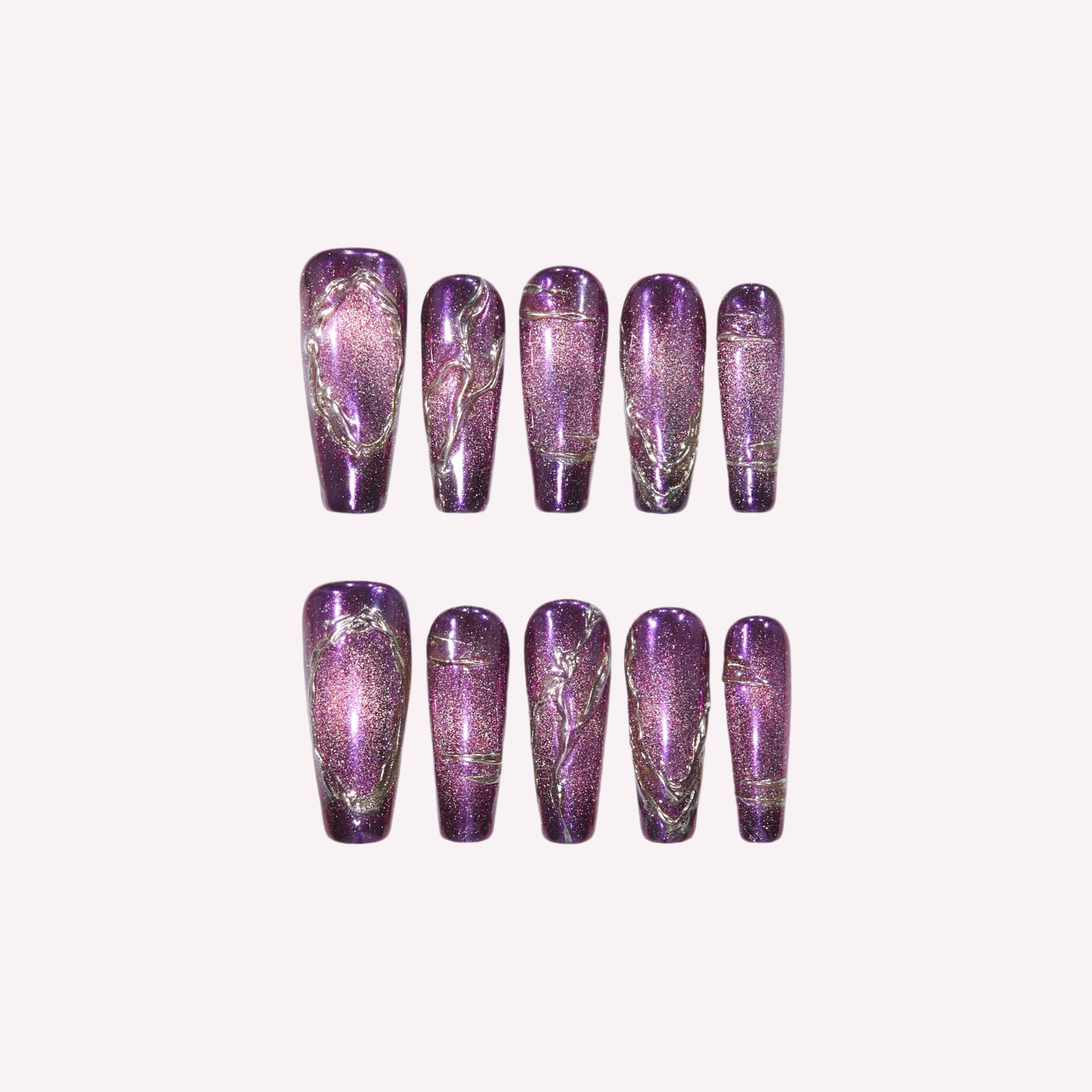 Violet Thorn handmade press-on nails — purple cat eye holographic amethyst glitter gold swirl nail art set in coffin and stiletto shapes by Poorguyshop