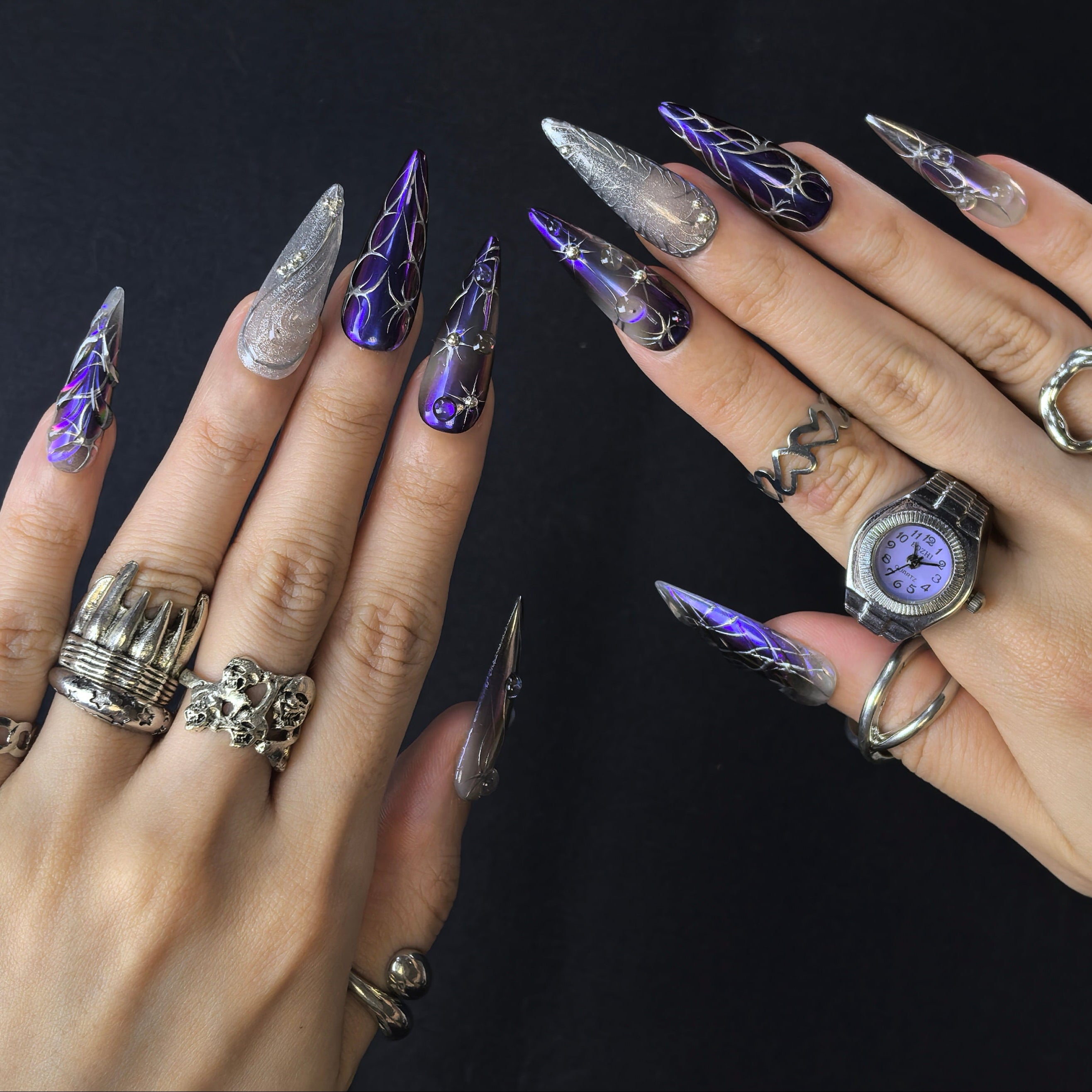 Violet Veil 30mm stiletto press-on nails — hand-painted deep violet luxury fake nails for women