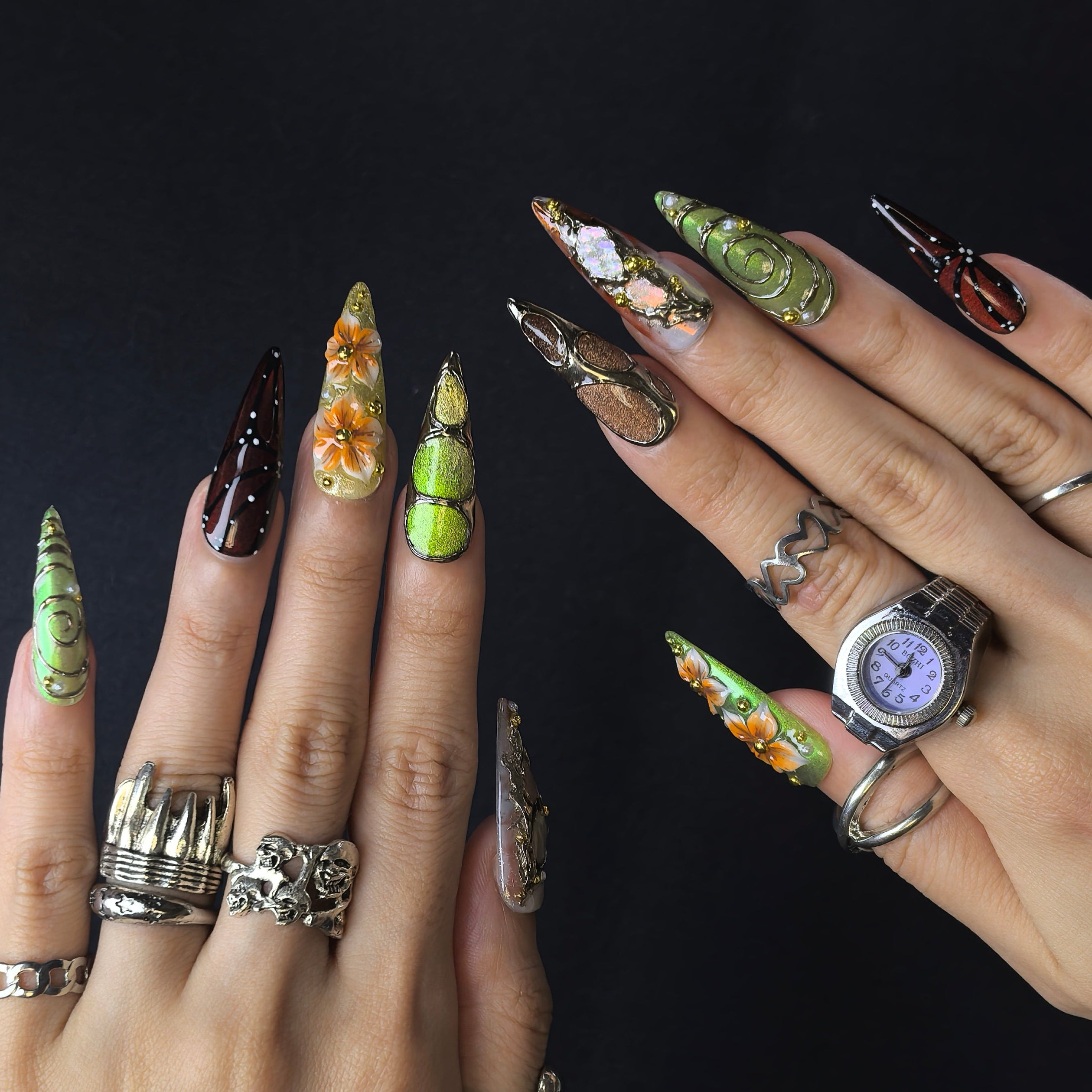 Wicked Garden 30mm stiletto press-on nails — hand-painted dark floral luxury fake nails for women