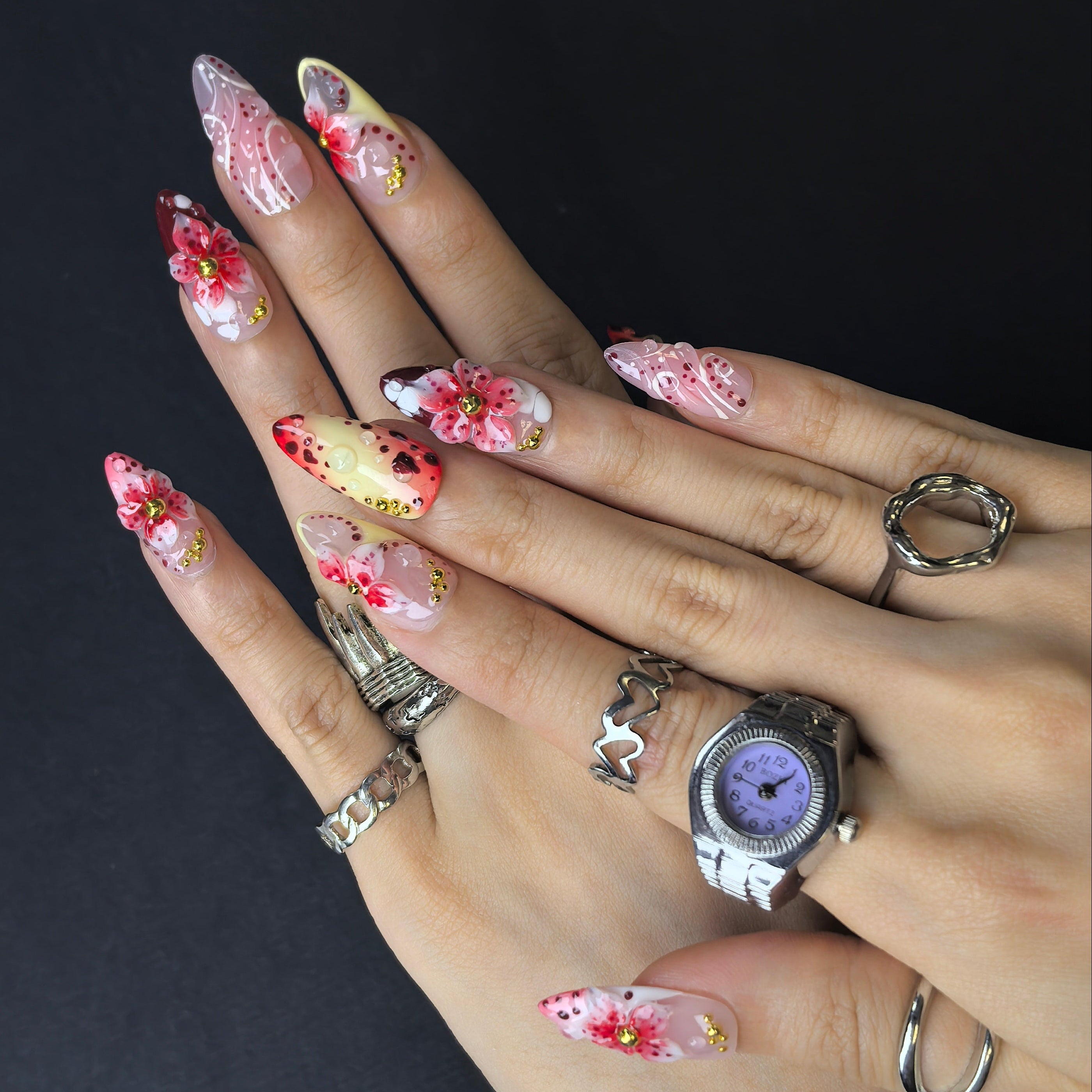 Wild Blossom 30mm stiletto press-on nails — hand-painted wildflower luxury fake nails for women