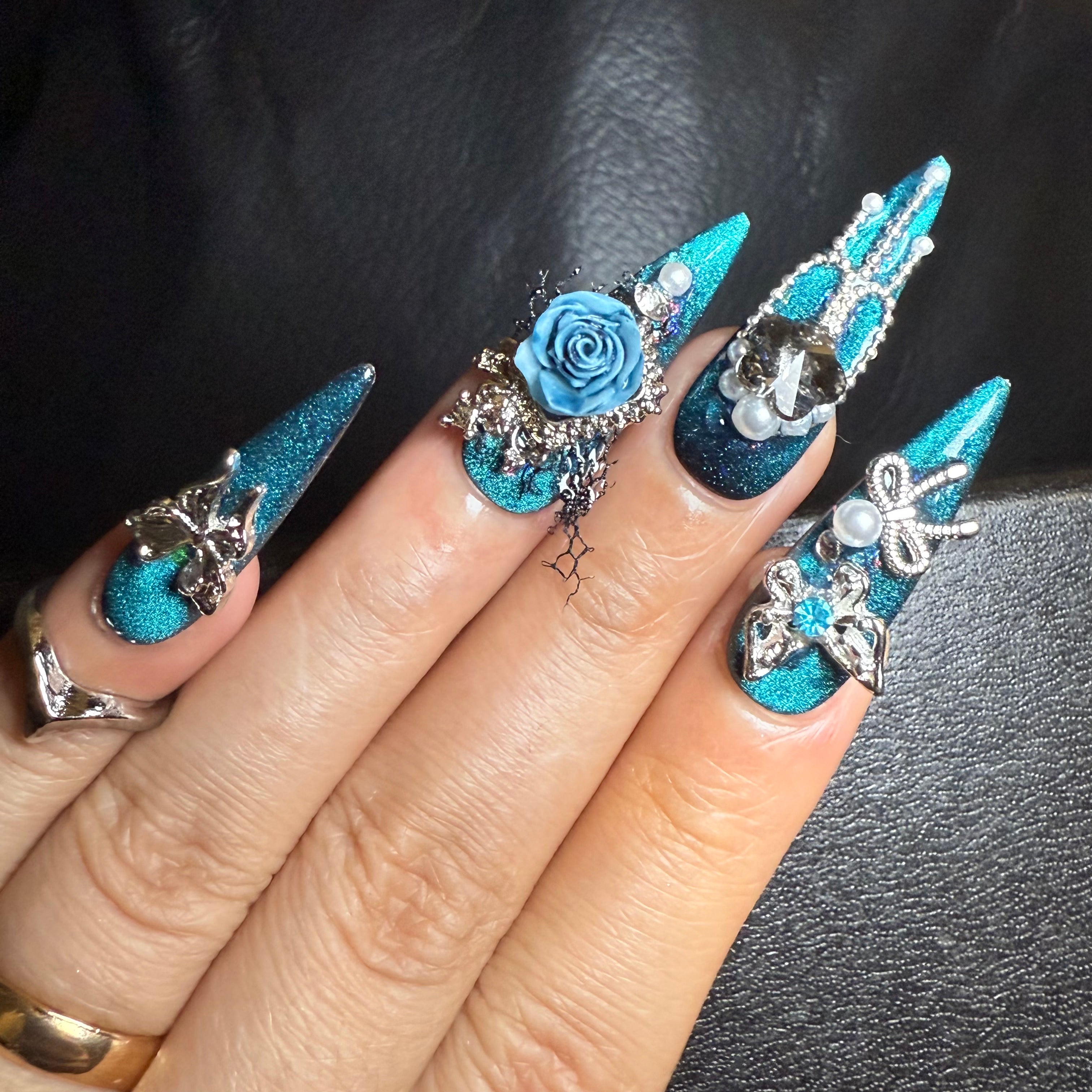 Witch 30mm stiletto press-on nails — hand-painted dark purple moon mystical luxury fake nails for women
