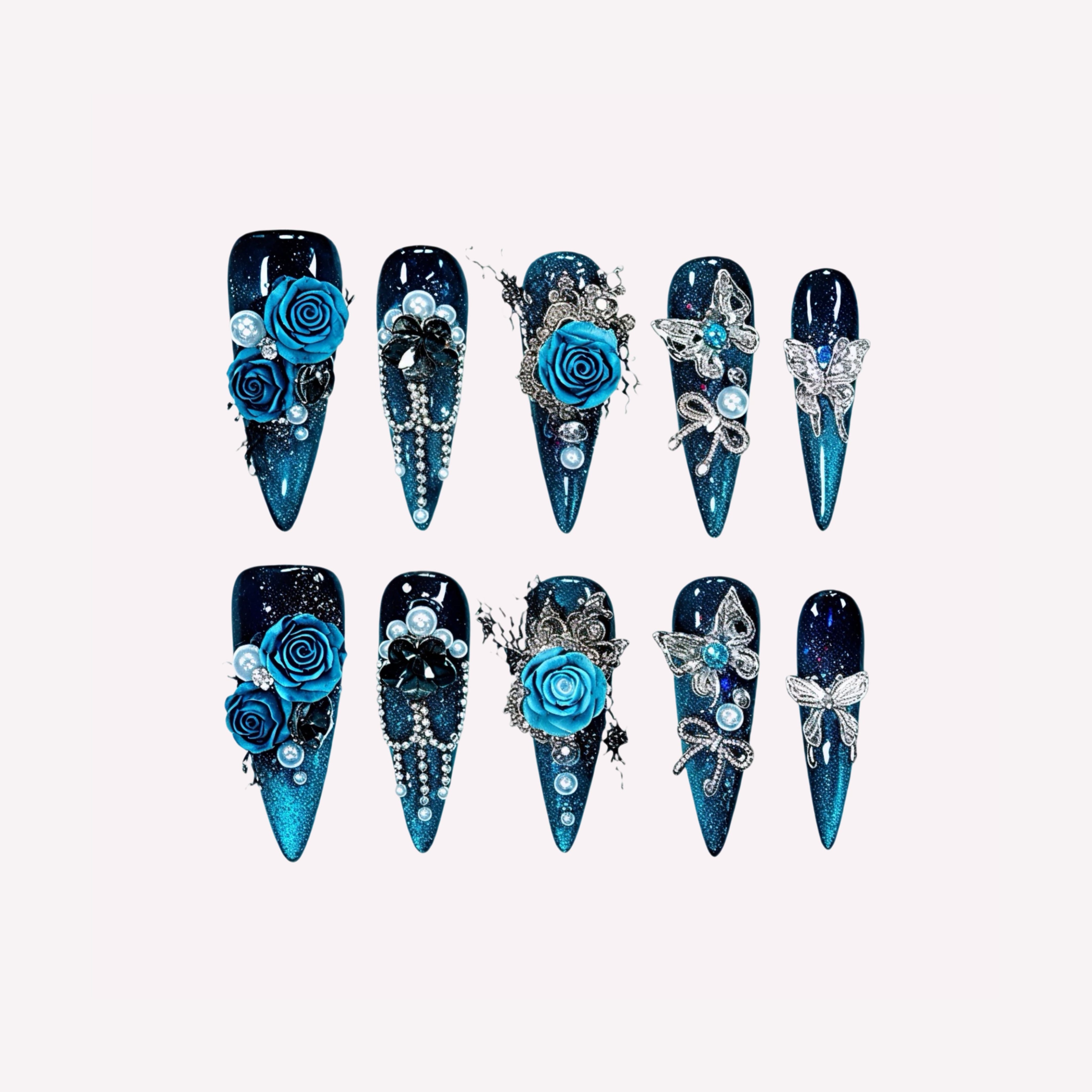 Witch handmade press-on nails — dark purple black moon mystical nail art set in coffin and stiletto shapes by Poorguyshop