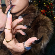 Woman wearing Cat Claws #3 handmade press-on nails — smoky glitter claw nails dark glam by Poorguyshop