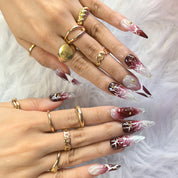 Power Move press-on nail set — handmade burgundy rose nails with nail glue and prep pad, multiple sizes included
